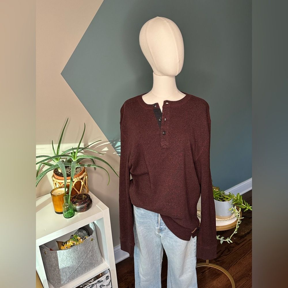 Roots Canada Henley Shirt Burgundy 100% Cotton Long Sleeve Classic Fit Men Large